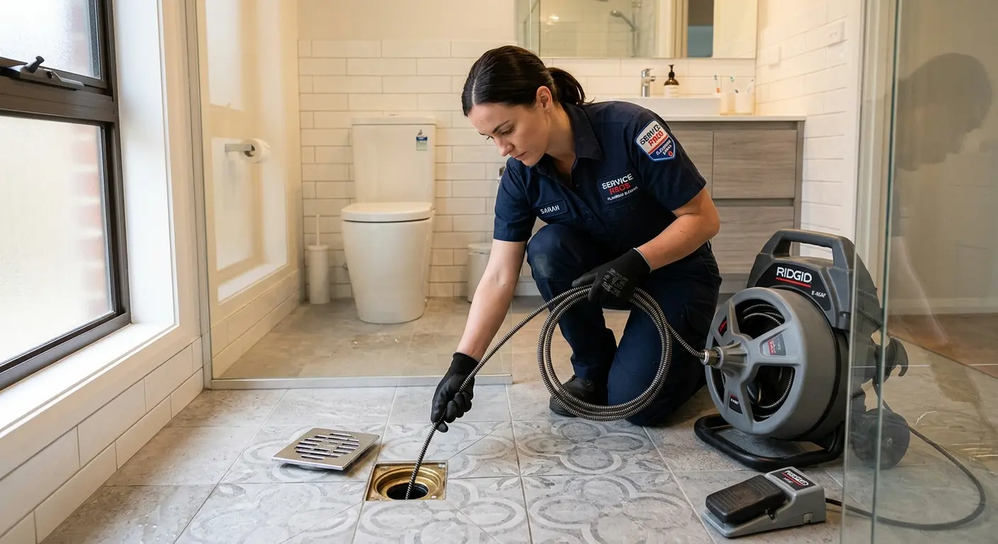 Technician clearing a bathroom floor drain for Drain Cleaning in Loudon